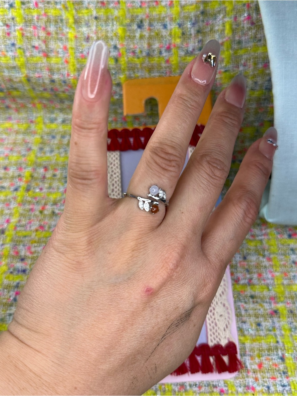 A great ice jade and red jade silve bamboo ring. Open size 5-13
